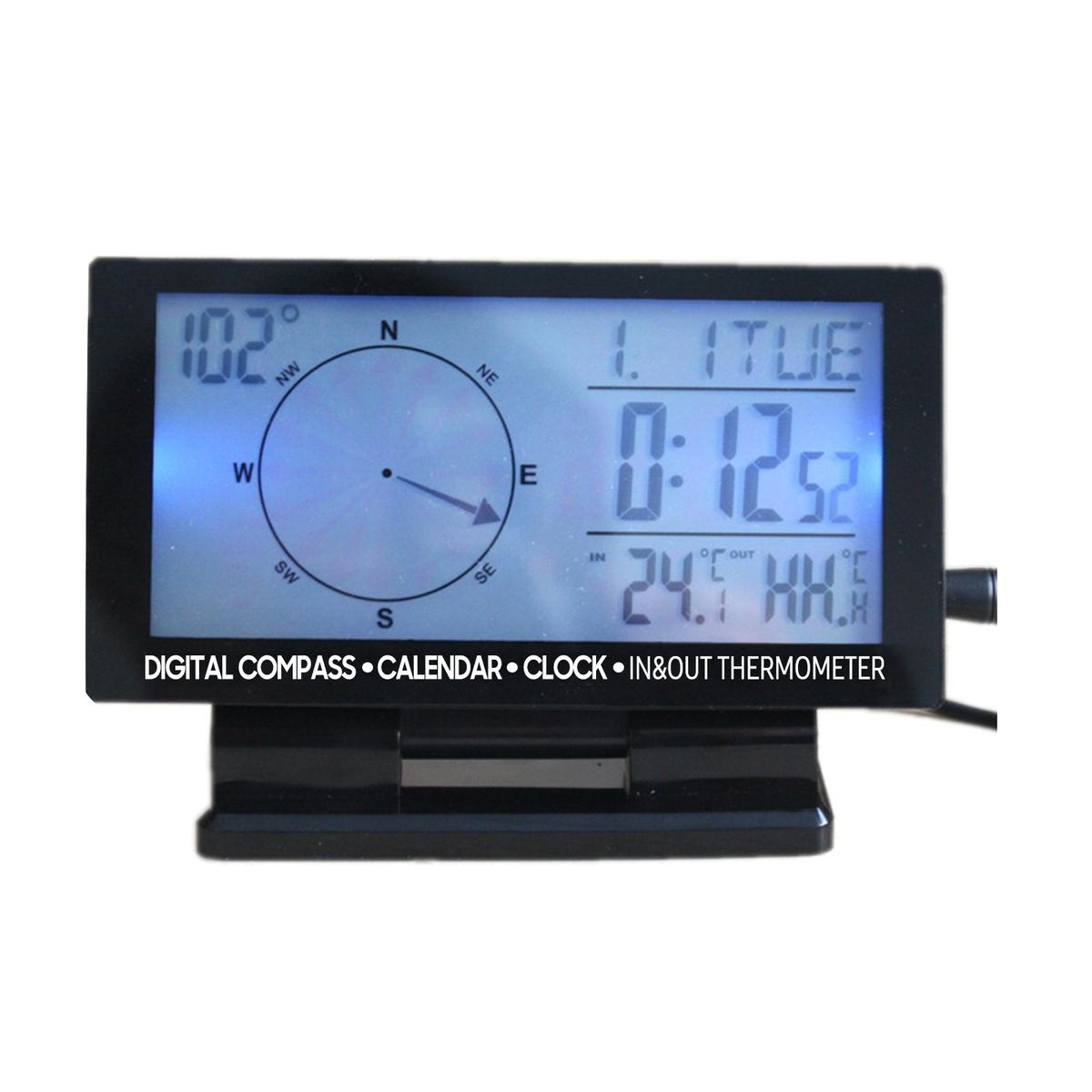 LCD Digital Car Thermometer Multifunction Automobile Compass Gauge Vehicle Clock Calendar Week Indoor & Outdoor Temperature Meter with Backlight