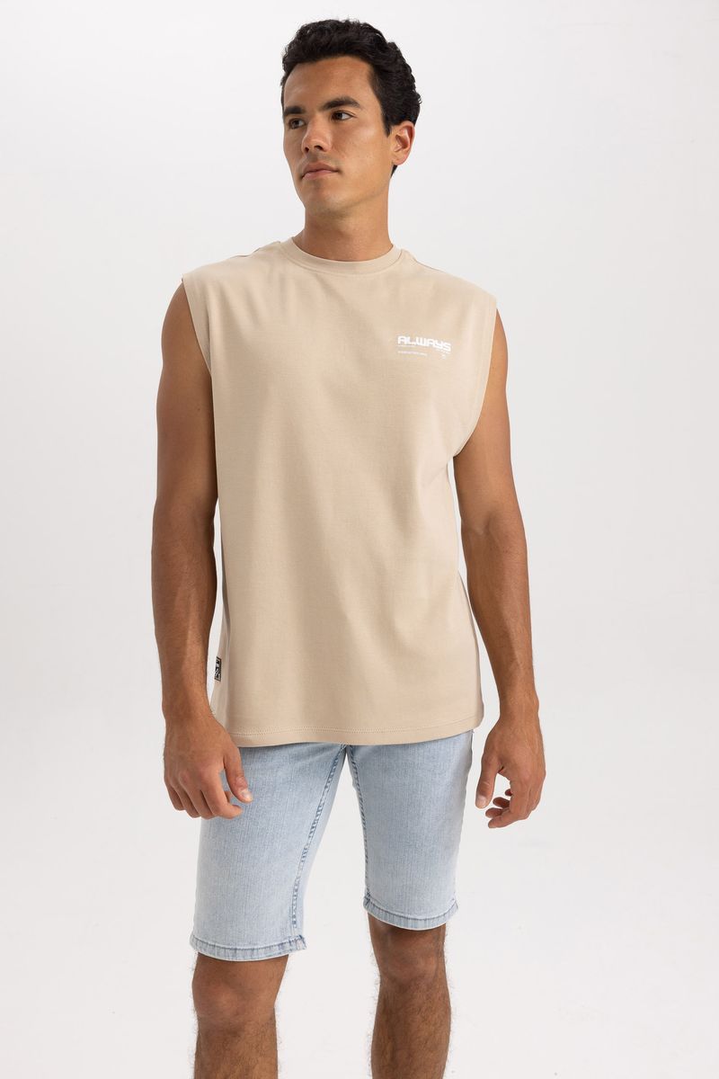 Man Young Boxy Fit Crew Neck Knitted Athlete - Beige