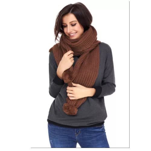 Pom Pom Ribbed Knit Scarf - Brown