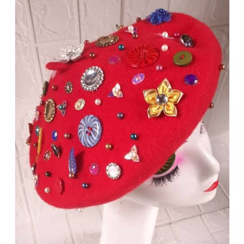 Large Beaded Beret  - Red