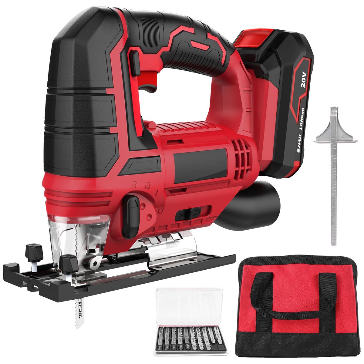 Jig Saw 20V Cordless Jigsaw for Woodworking with 4 Orbital Settings 2700 SPM 10-Piece T-shank Blade Set 2.0 Ah Battery Fast Charger Tool-Free Blade Clamp 45° Bevel Adjustment LED Light Parallel Saw Guide Tool Bag Perfect for