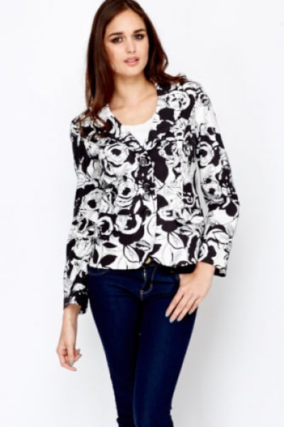 Mono Floral Button Up Blazer Black and White Linen Ladies Jacket