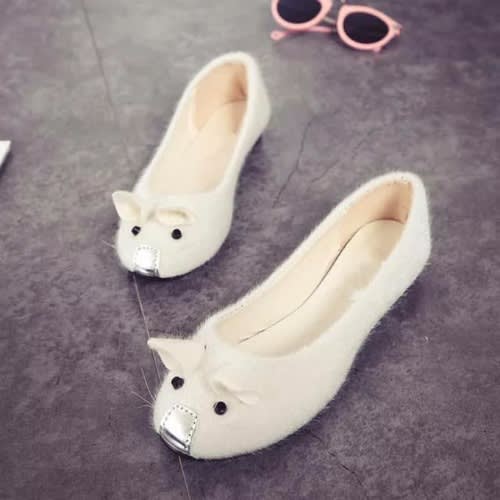 Cute Furry Mouse Flat Shoe- Cream Color