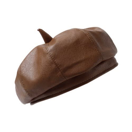 Pu Leather Beret Hat For Women - Brown.