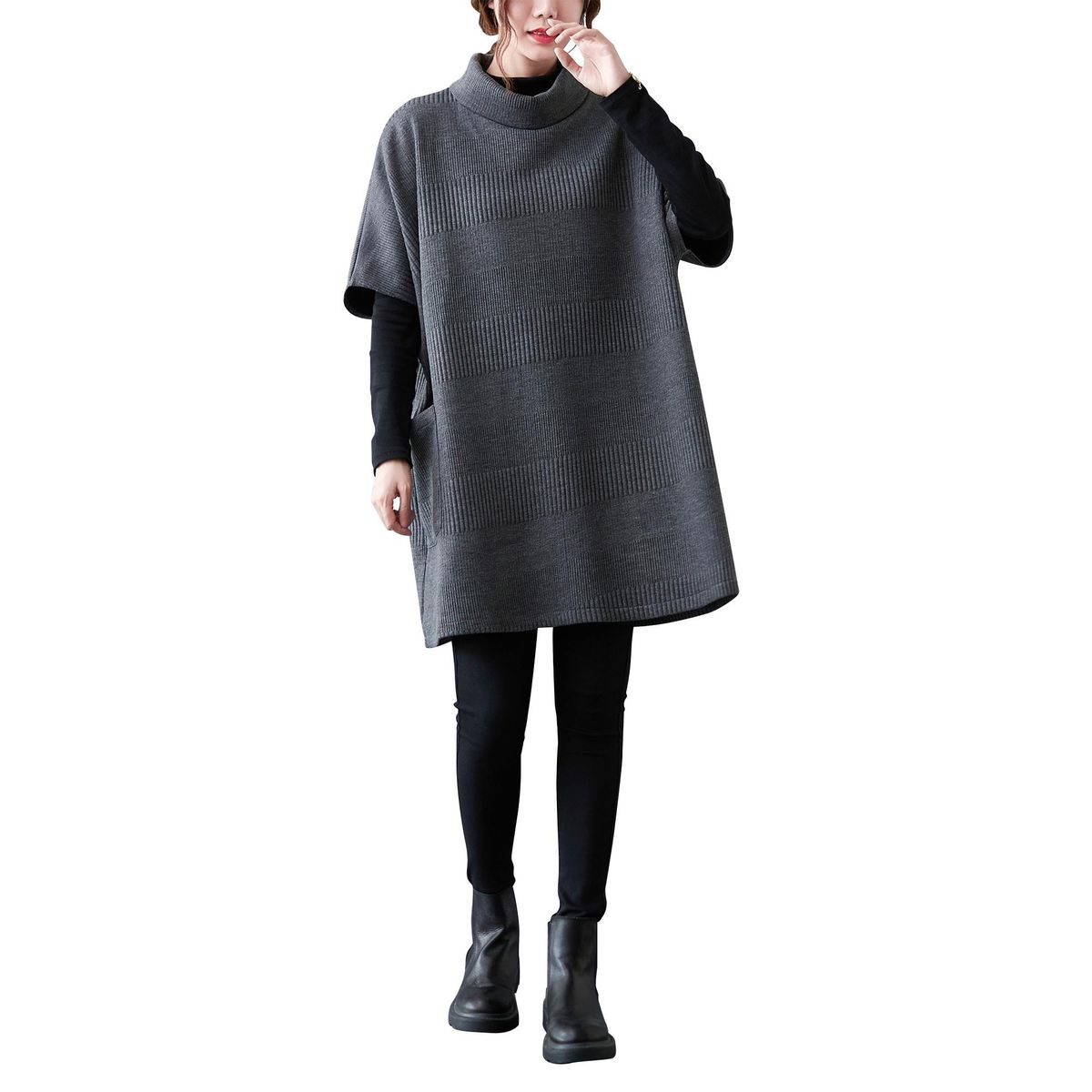 Women Sweater with Pocket Turtleneck Half Sleeves Knitted Oversized Casual Solid Pullovers
