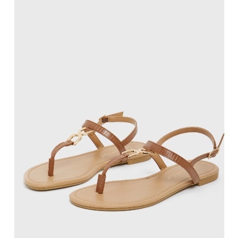 Tan Brown Chain Trim Strappy Flat Sandals
