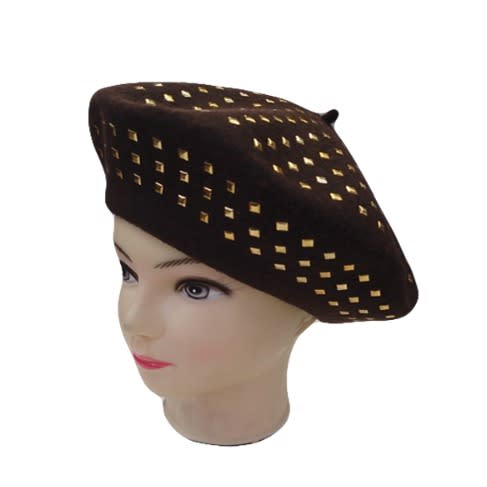 Wool Felt Beret With Golden Studs - Brown