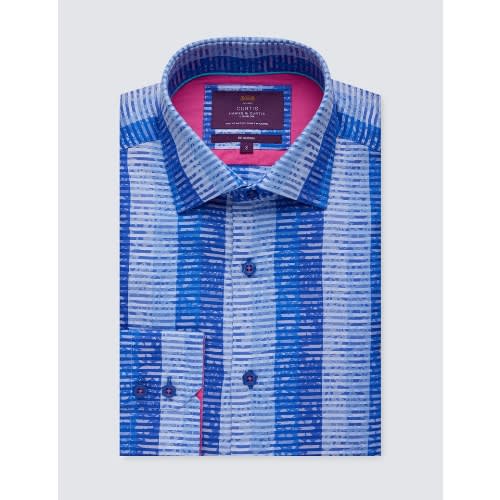 Men's Dobby Stripe Slim Fit Cotton Shirt - Low Collar - Light  & Dark Blue