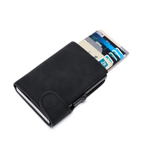Leather Pop Up Alloy Atm Credit Card Holder-Black