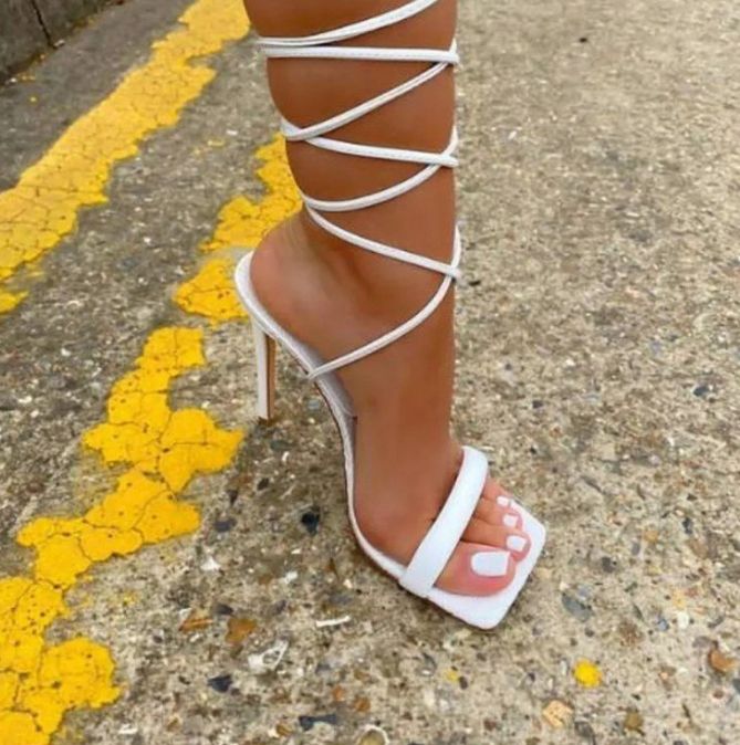 (A White)New Women's High Heels Fashion Rhinestone Braided Ankle Strap Sandals Simple Stiletto JIN