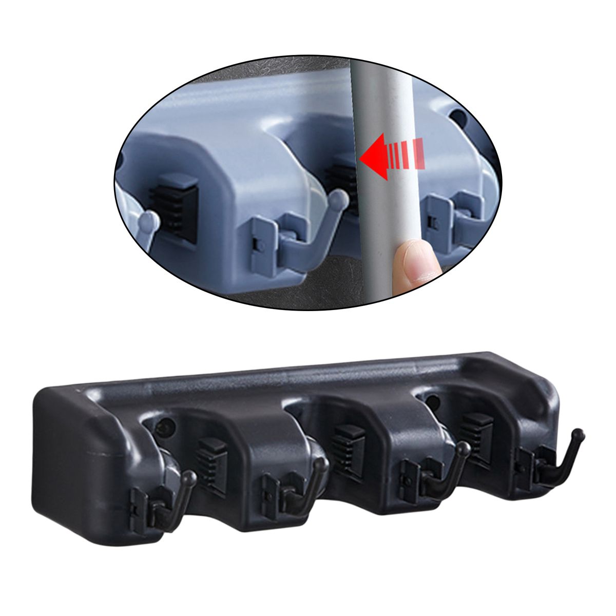 Wall Mounted Broom Mop Holder Kitchen Storage Bathroom Black 4 Hooks