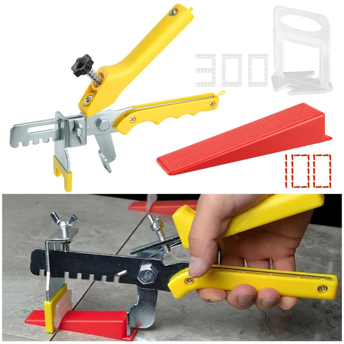Tile Leveling System with Plier and Rubber Mallet, 300 Pcs 1/16 Inch Tile Spacers Clips 100 Pcs Reusable Wedges, Leveler Tool Set for DIY Professional Ceramic Tile and Stone Installation