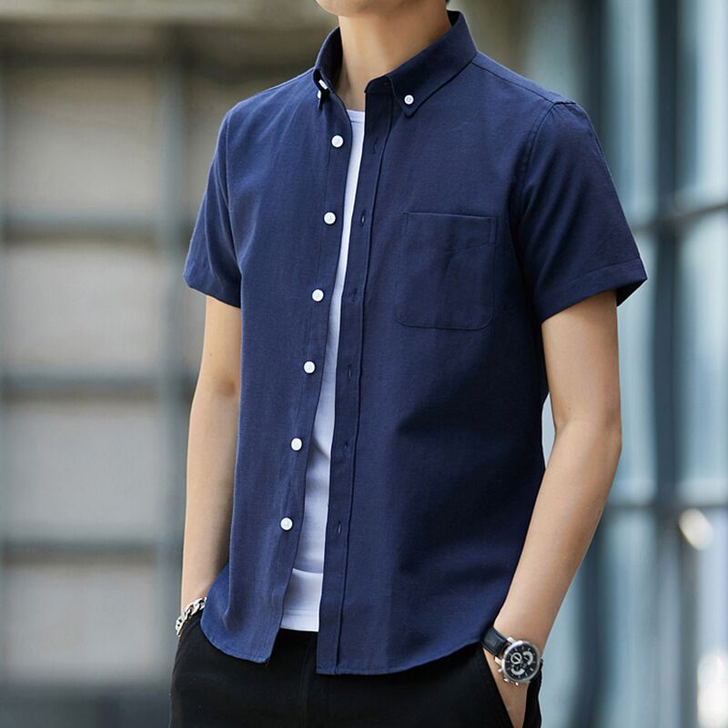 （Navy Blue）Mens Classic Dress Short Sleeved Shirt Oxford Weaving Spring Autumn