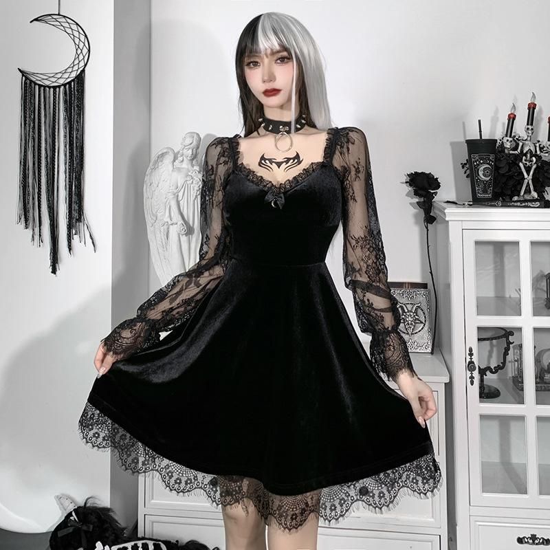 HY21249 Diablo 2023 Autumn New Sexy Lace Panel Chest Flare Long Sleeve Dress with Ruffles