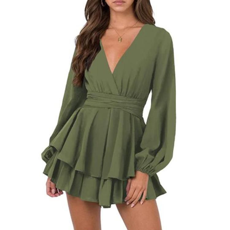 Women's solid color V-neck long-sleeved sleeve belt ruffle hem dress