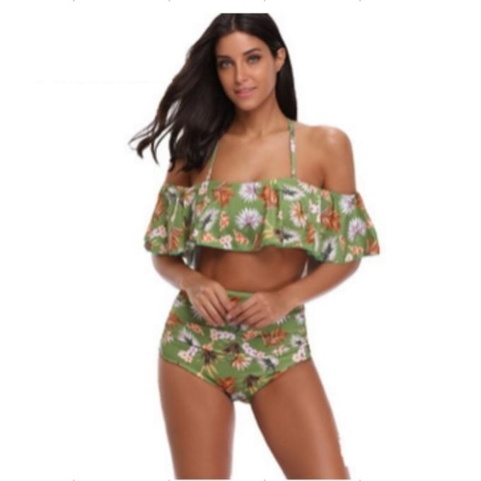 Luscious Swim Suit Women Halter Tops With Flouncing Decor + High-Waist Panties-green-S