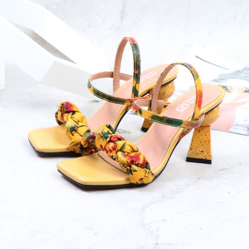 Floral Block Heel Sandals- Mustard