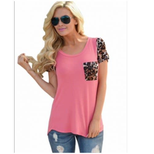 Leopard Print Spliced T-Shirt - Rosy