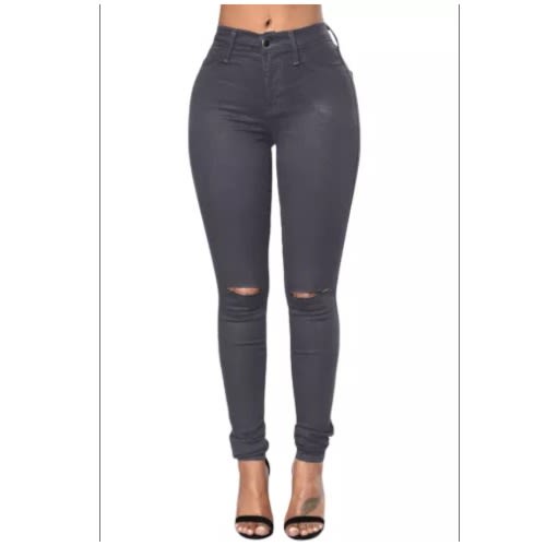 Ladies  Slit Knee Denim Pants - Grey