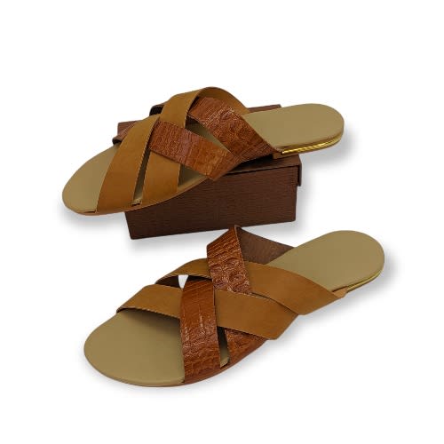 Women Mix Brown Cross Strip Pattern Slip-on