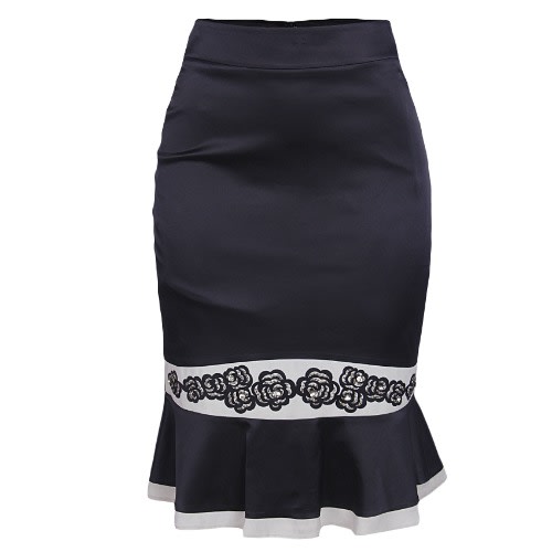 Pencil Skirt with Printed Flare  -Black