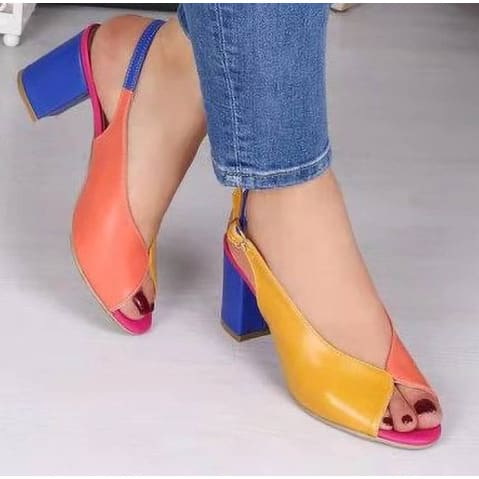 Sling Back Low Heel Sandals - Multicolour