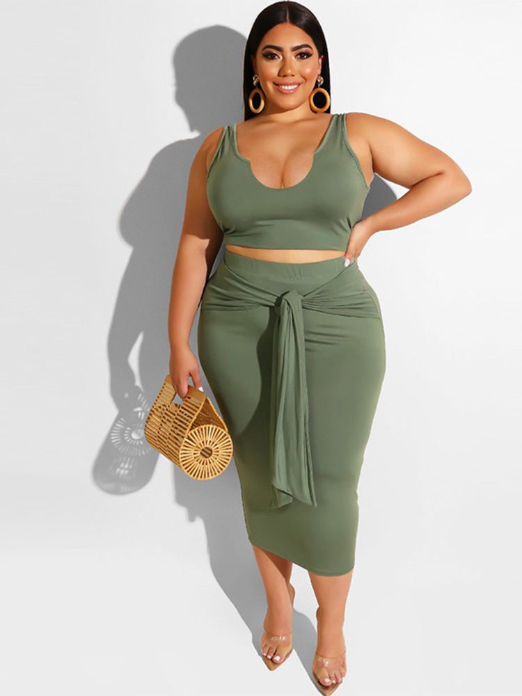 Plus Size Two Piece Dress Suits Women's Costums Low Neck Sleeveless Tank Crop