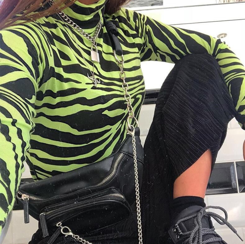Sexy Zebra Pattern Printed Bodycon Bodysuits Spring Women Long Sleeve High Neck Slim Body Party Casual Tops(#picture Color)