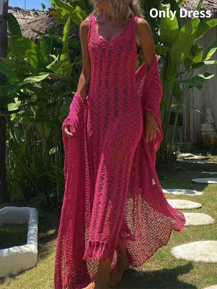(Rose Red Dress)Summer Beach Clothes 2023 Fringe Tassel Knitted Cover Up Cover-ups Beach Wear Sexy Vestidos Hollow Out Robe Long Dress Slit SMA