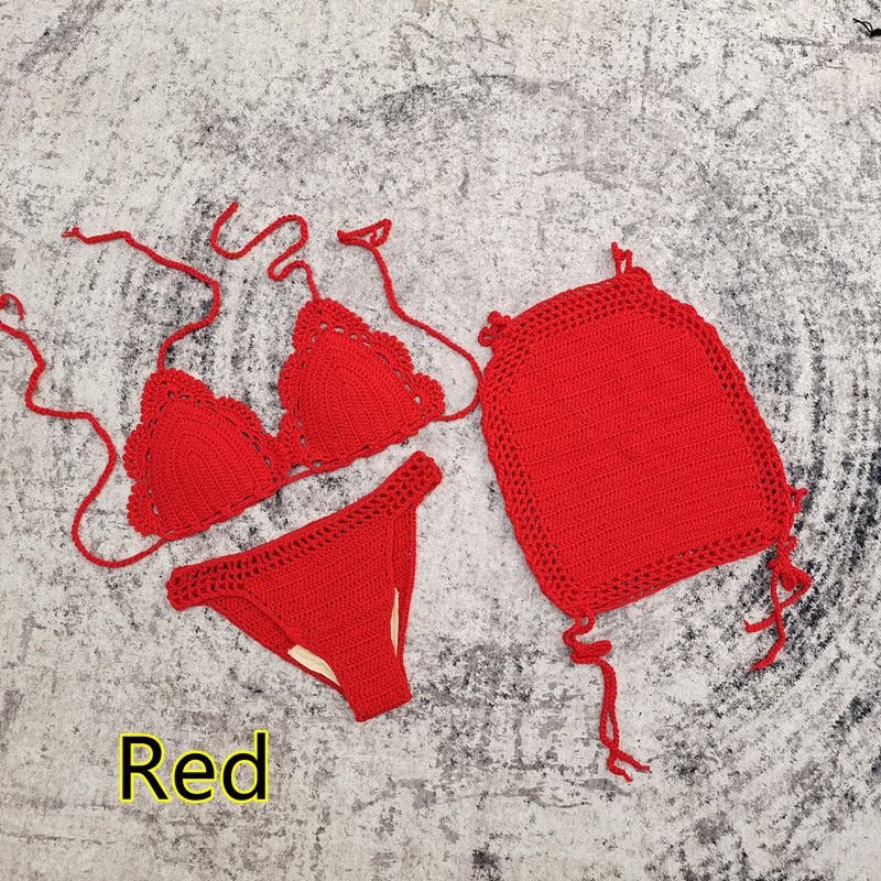 (3 Piece Red)2023 Women Summer For The Beachwear Three Piece Crochet Bikini Mini With Skirt Suit Swimsuit Print Polyester Pareo SMA