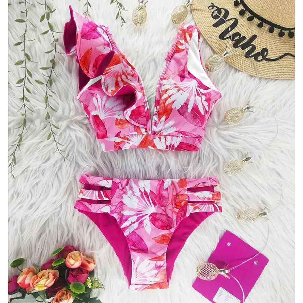 New Bikini Floral Ruffled Bikini Set Women V-neck High Waist Two Piece Swimsuit Girl Beach Bathing Suit Swimwear Biquinis NA19762P5 KIP