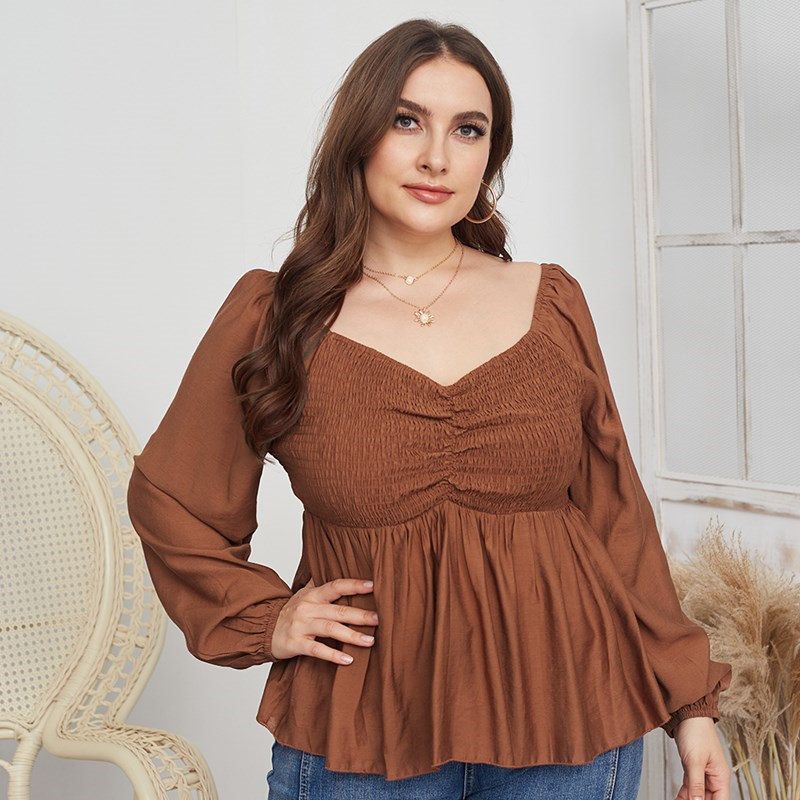 XL-4XL Women V Neck Long Sleeve Plus Size Blouse Caramel 2521