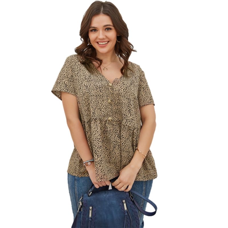 XL-4XL Women V Neck Short Sleeve Leopard Print Plus Size Blouse Khaki 2576