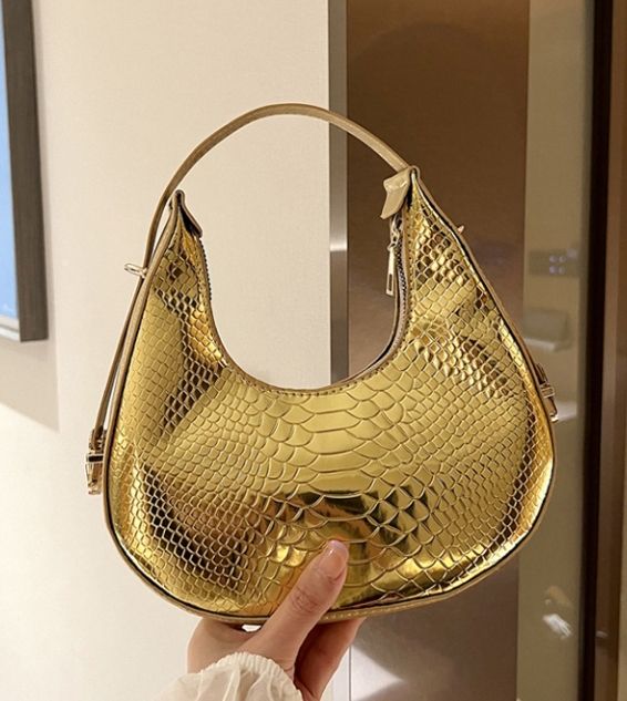 Glossy Crocodile Skin Design Fashion Bag- Gold