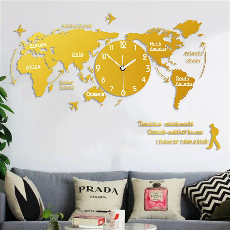 [2020 NEW] 3D World Map Wall Clock Modern Design Digital Hanging Clock Quiet Acrylic Gold
