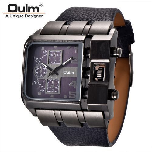 OULM 3364 Brand  Rectangle Unique Design Men Watch Wide Dial Leather Strap Quartz Wrist Watches