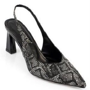 Ladies Pointed Toe Slingback Snake Pattern Mid Heel Glittery Shoes-Black