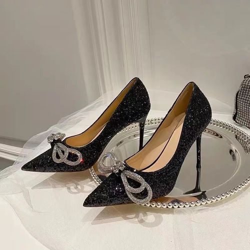 Beautiful Elegant Shiny Rhinestone Bridal Wedding Stiletto Heels -Black