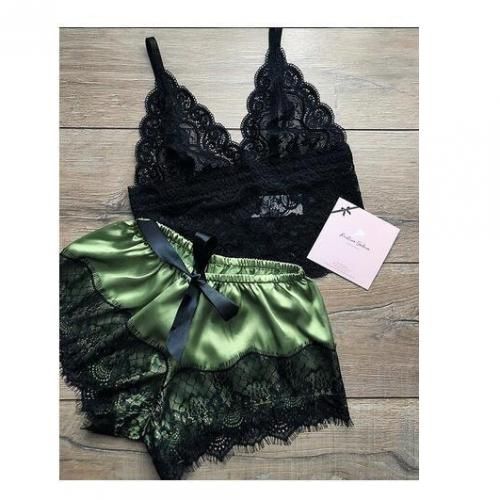 Lace & Satin Lingerie Set- Green