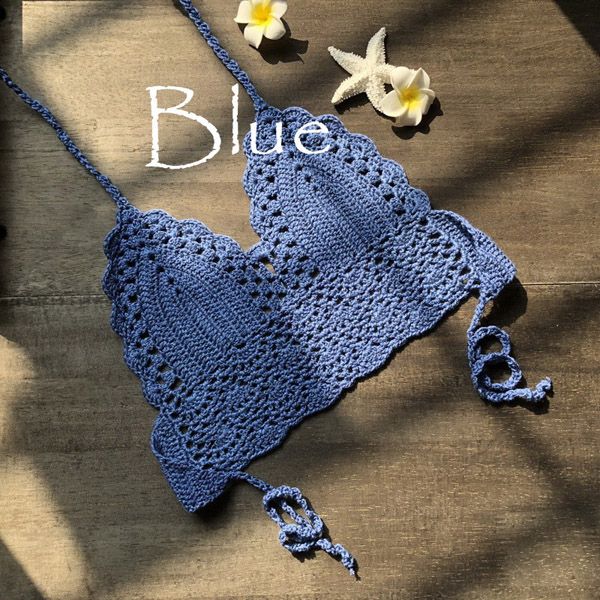 New Triangle Bikini Top Woman Hollow Out Swimsuit Crochet Bikini Top Swimming Bra Large Female Swimwear Blue KIP