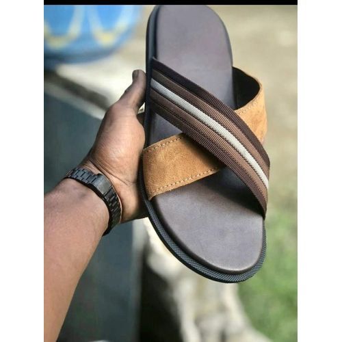 Premium Quality Mens Brown Italian Leather Cross Palm Slides