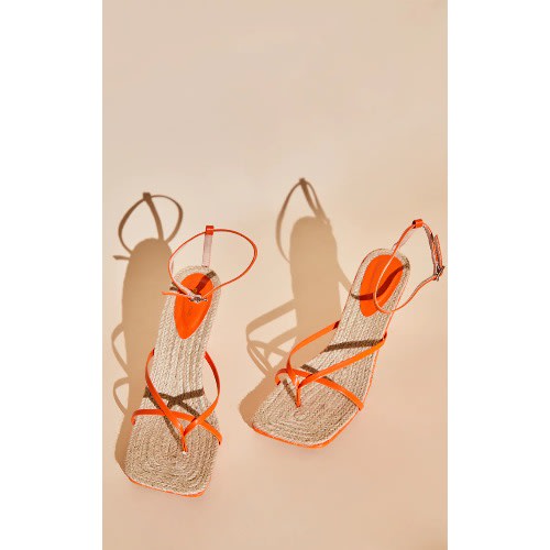 Orange Square Toe Raffia Toe Thong Heeled Sandals