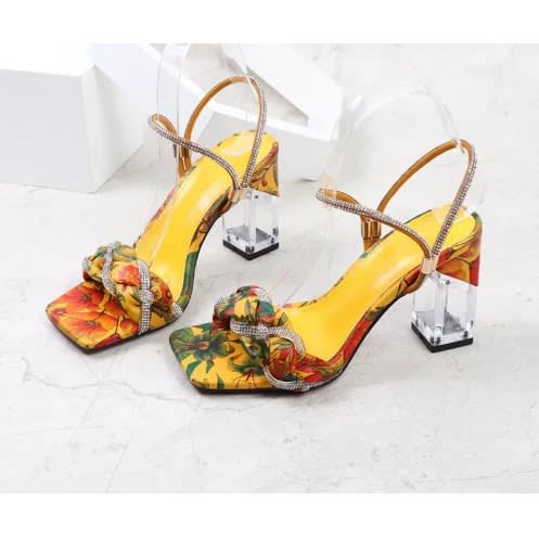 Floral Block Heel Studded Sandals- Yellow