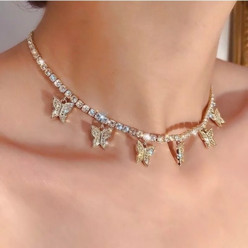 Female Rhinestone Butterfly Pendant Necklace