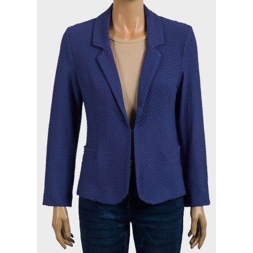 Ladies Step Collar Textured Blue Long Sleeve  Blazer