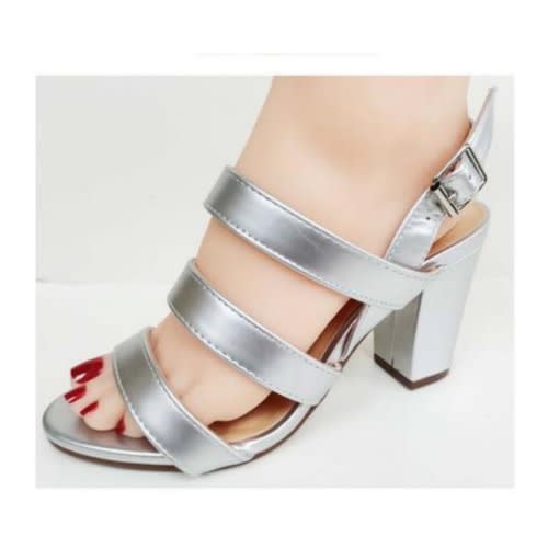 Block Heel Female Leather Sandal - Silver