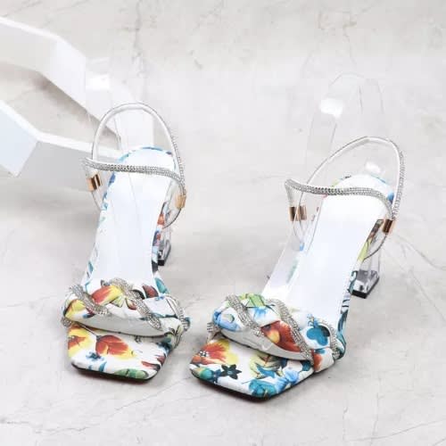 Floral Block Heel Studded Sandals- White