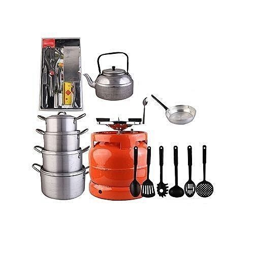 6KG Gas Cylinder With Burner, Cooking Pots, Frying Pan, Non Stick Spoons, Knife Set & Tablespoons