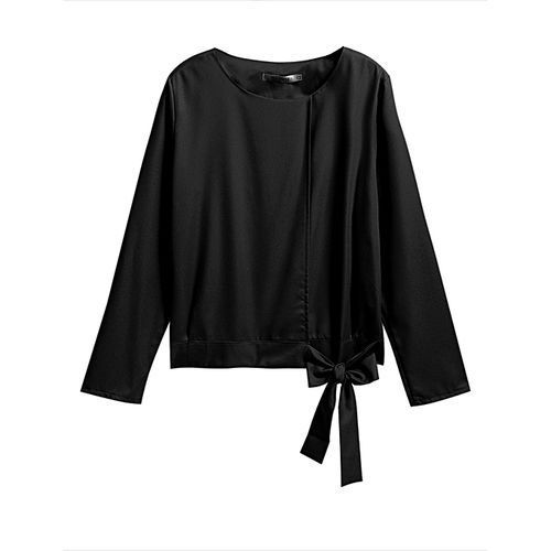 Women Long Sleeve Self Tie Hem Solid Casual Pullover Blouse-Black
