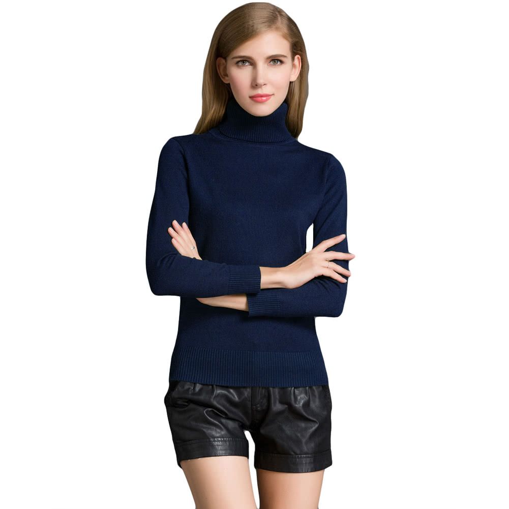 Winter Women Sweater Knitwear Turtle Neck Long Sleeves-dark Blue